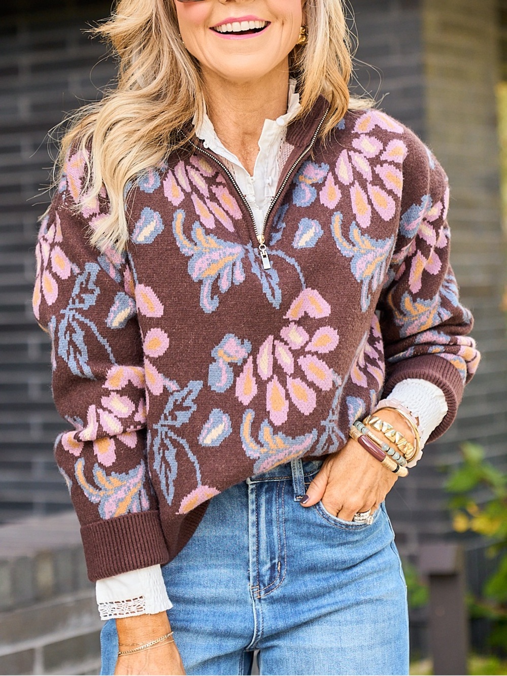 AVARA floral quarter zip sweater